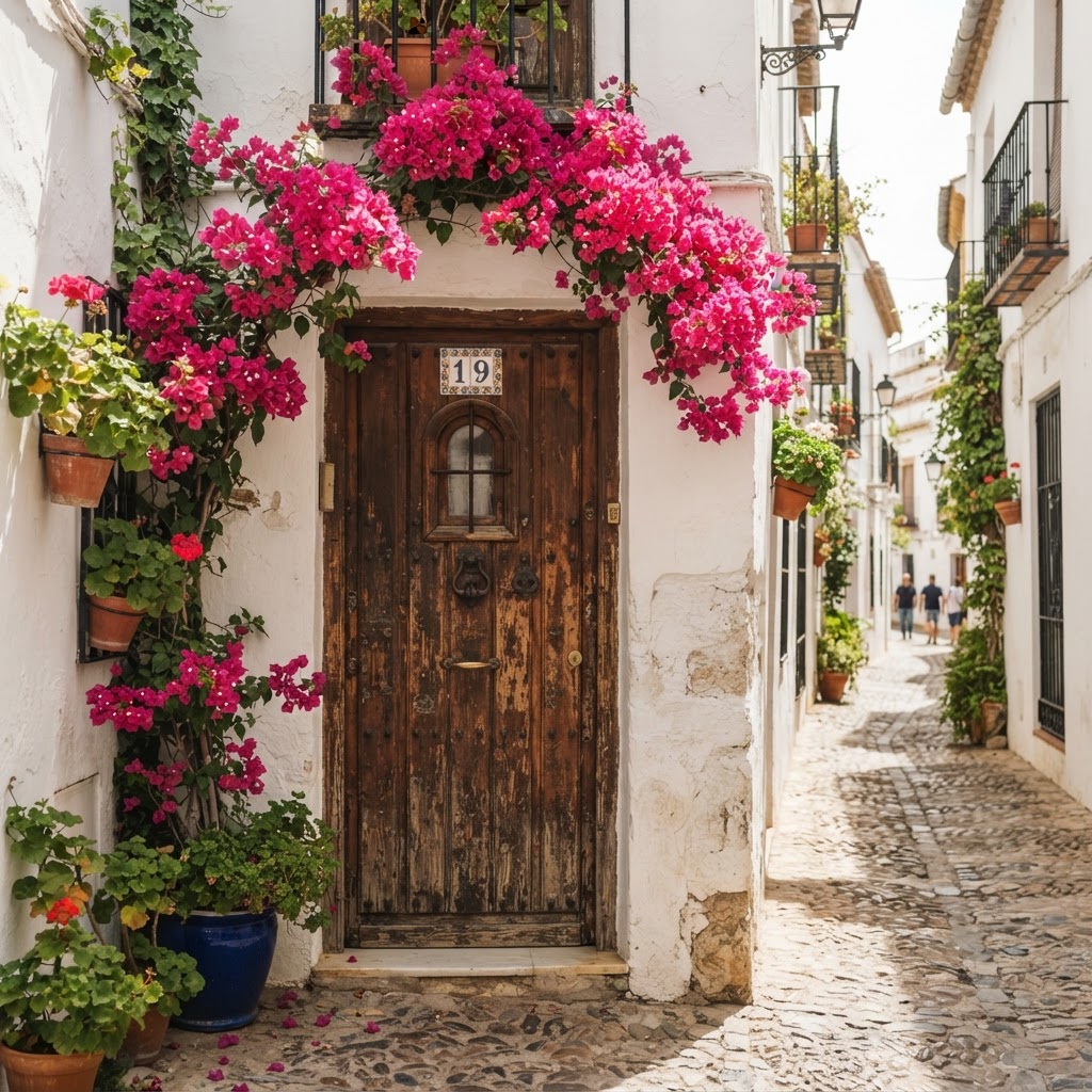 A charming, flower-adorned doorway in a traditional Andalusian alleyway.