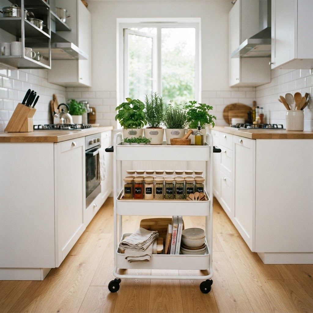 A rolling utility cart can double your kitchen counter space.