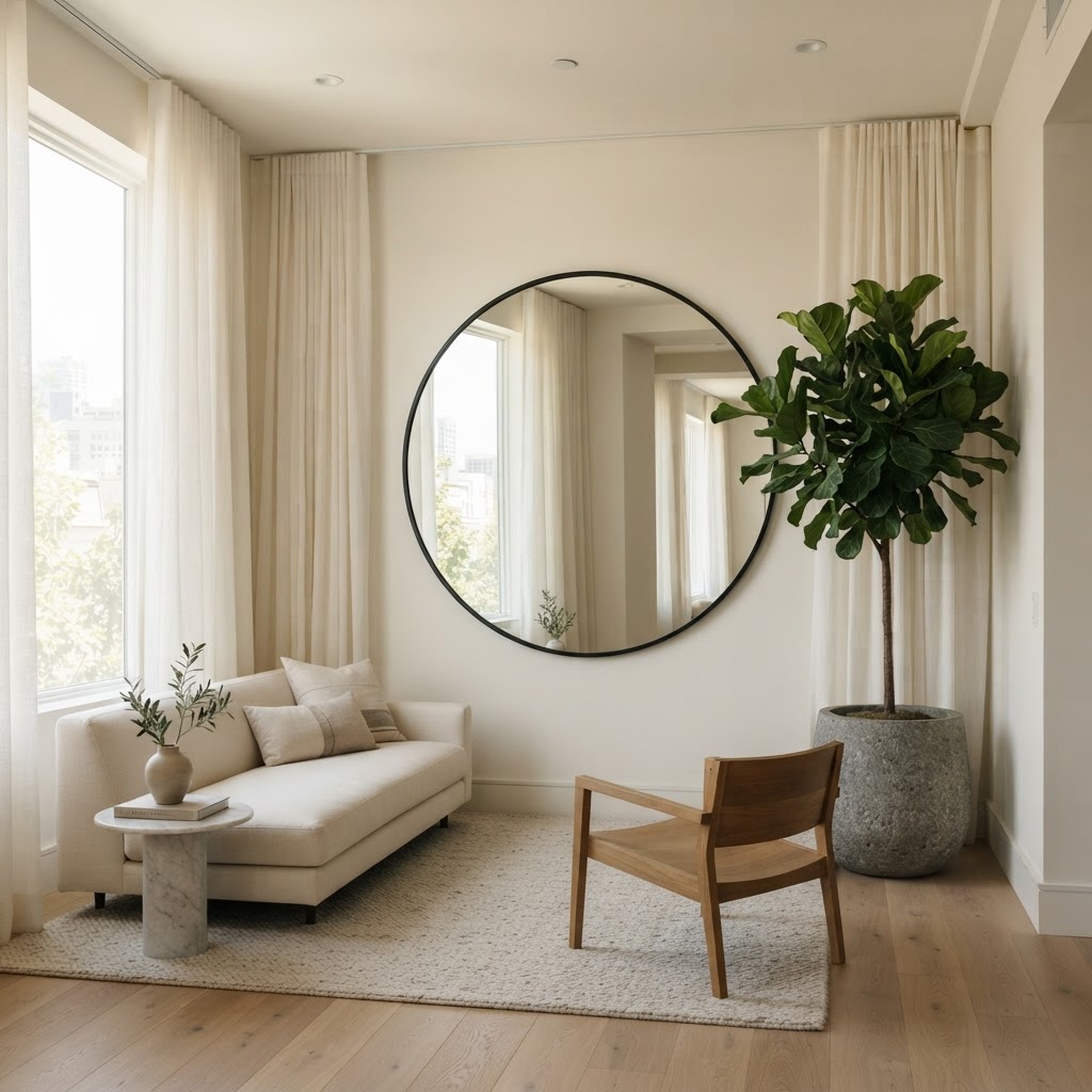 Vertical elements like tall curtains and mirrors expand a small room's footprint.