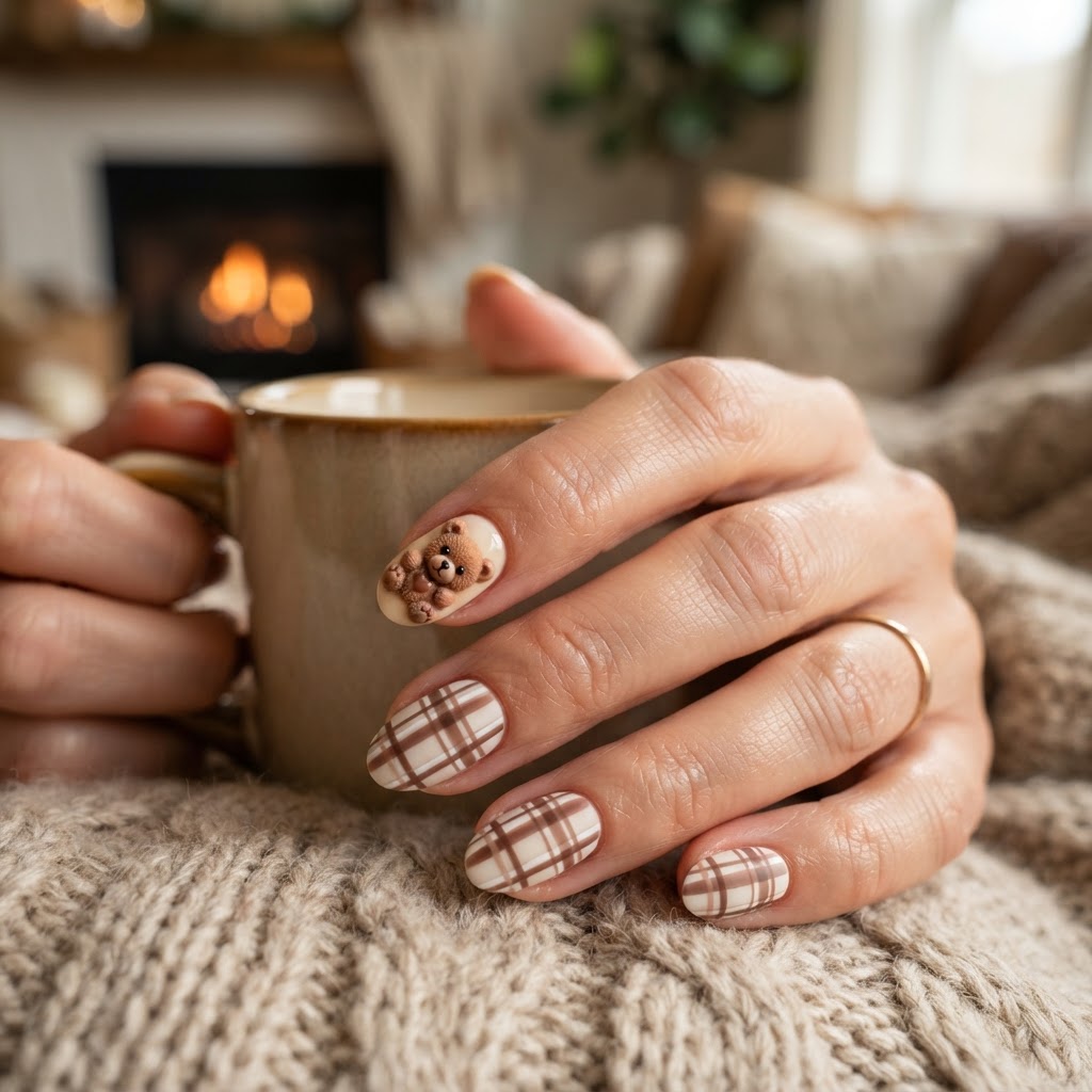 Cozy brown bear and plaid nails up close.