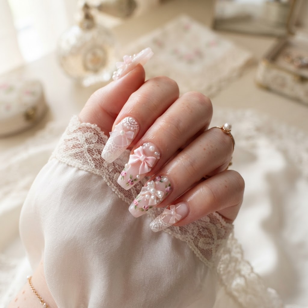 The coquette aesthetic features soft pearls and ribbons on coffin-shaped nails.