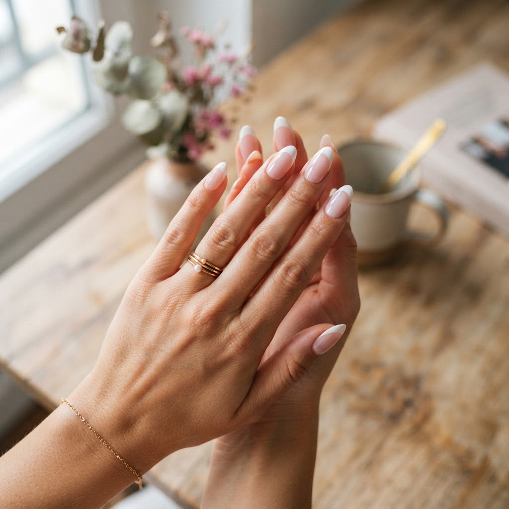 Simple and elegant pink and white French tip press on nails.