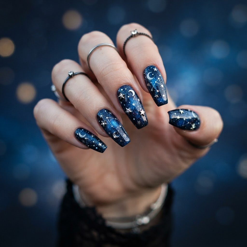 Dramatic dark blue coffin nails with a celestial starry night design.