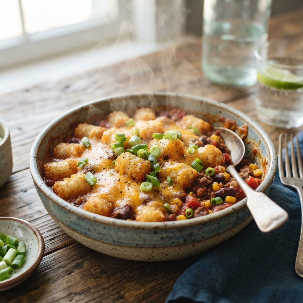 A hearty serving of Cowboy Casserole, the ultimate comfort food.