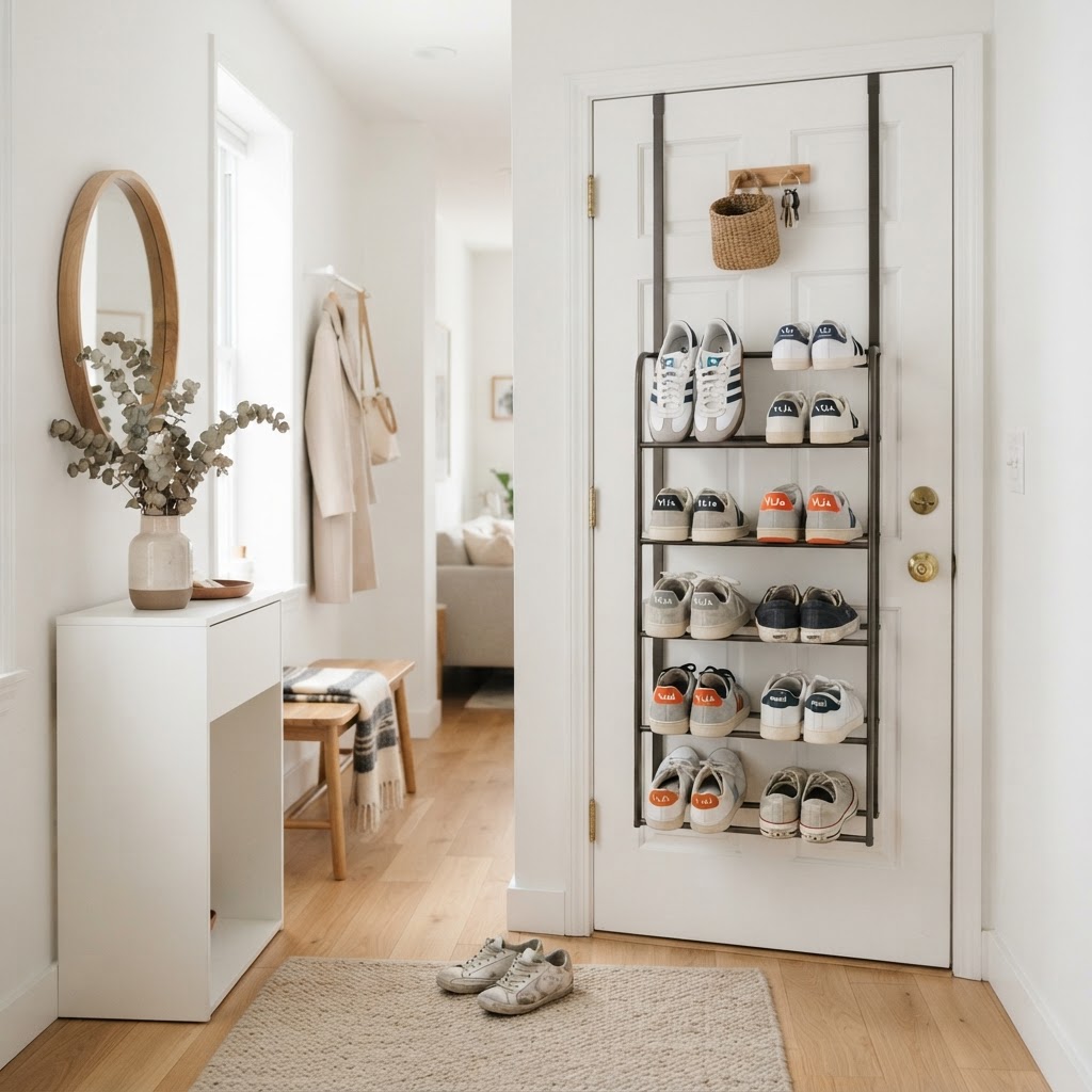A simple shoe rack turns a chaotic entryway into a tidy space.