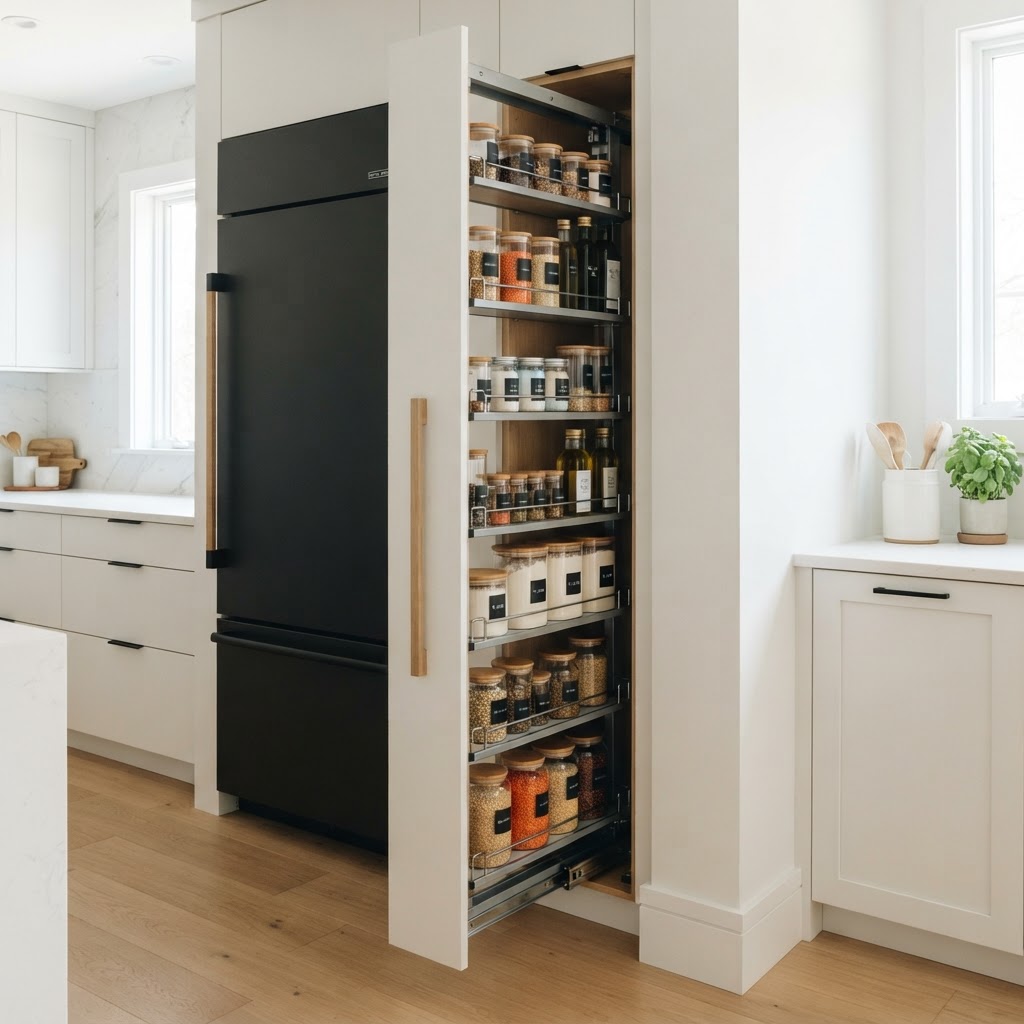 Utilize narrow gaps in your kitchen for hidden vertical pantry storage.