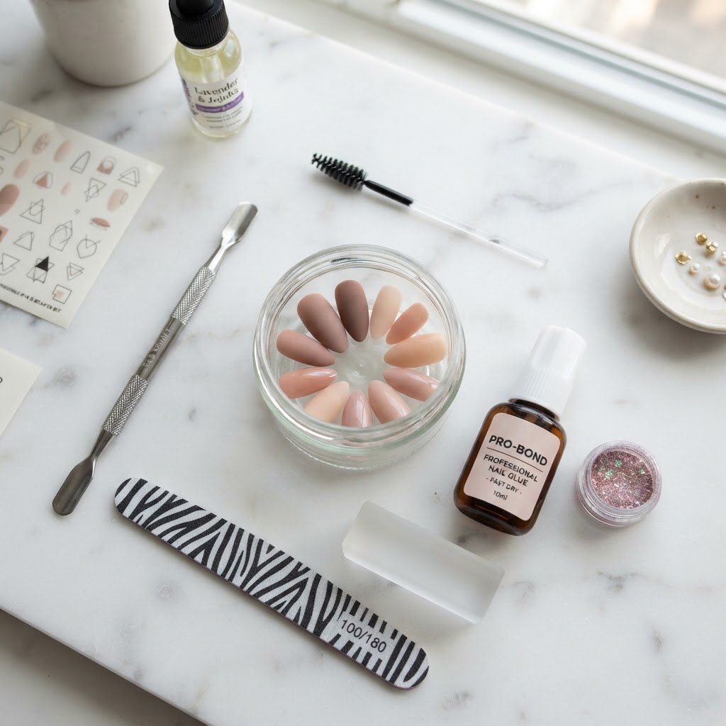 Essential tools for perfecting your at-home press-on manicure.