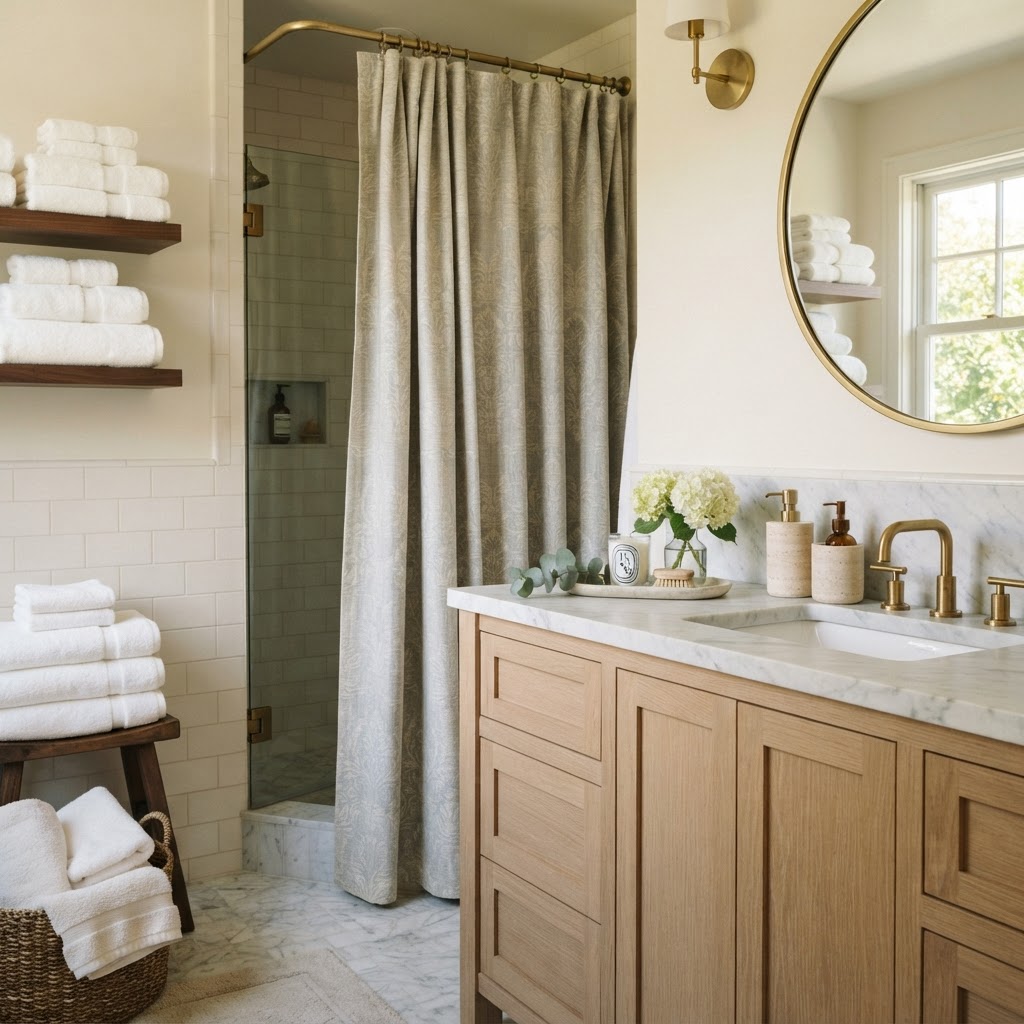 Coordinated accessories in the bathroom provide a professional, spa-like finish that hides standard rental fixtures.