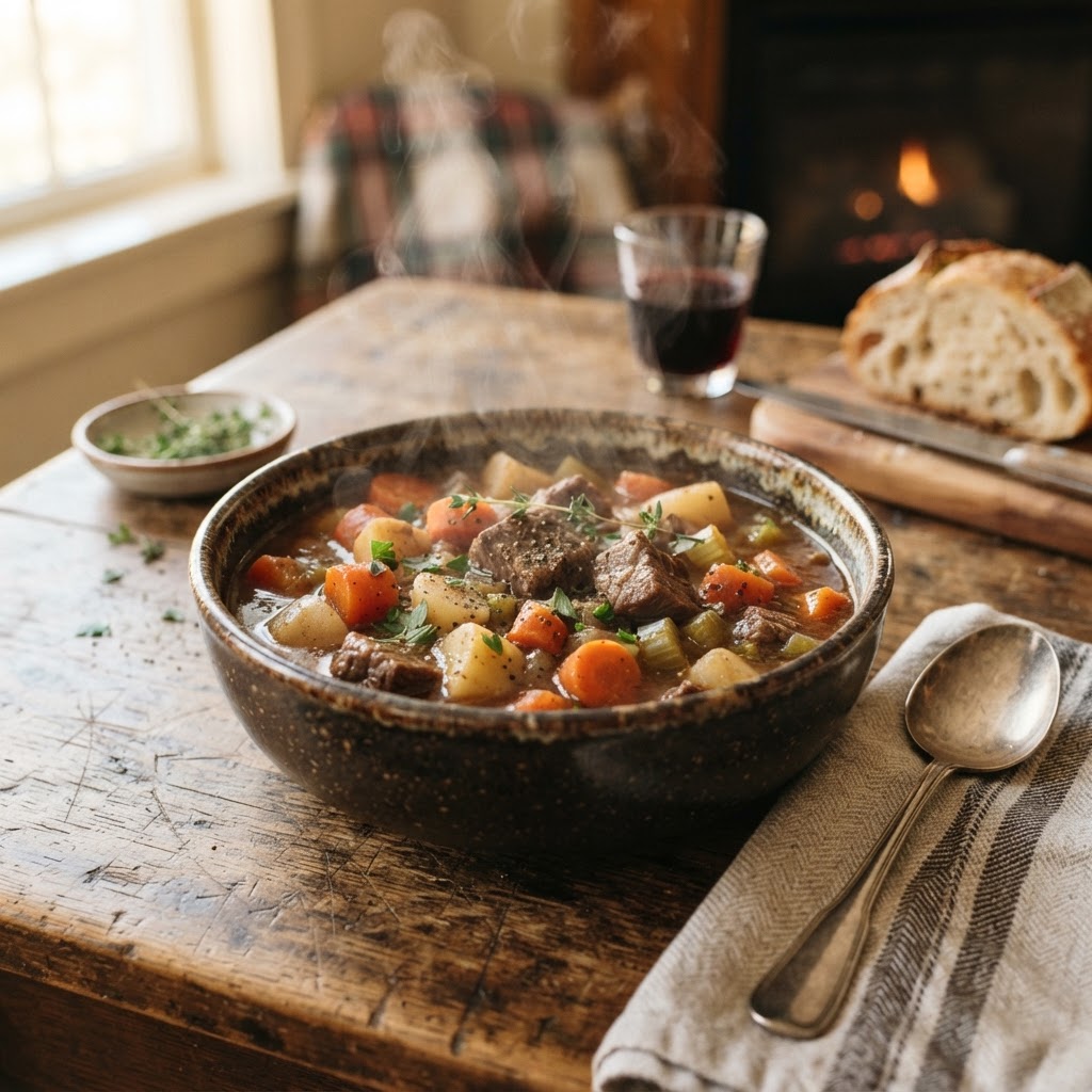 A comforting bowl of slow cooker beef stew served on a rustic table.
