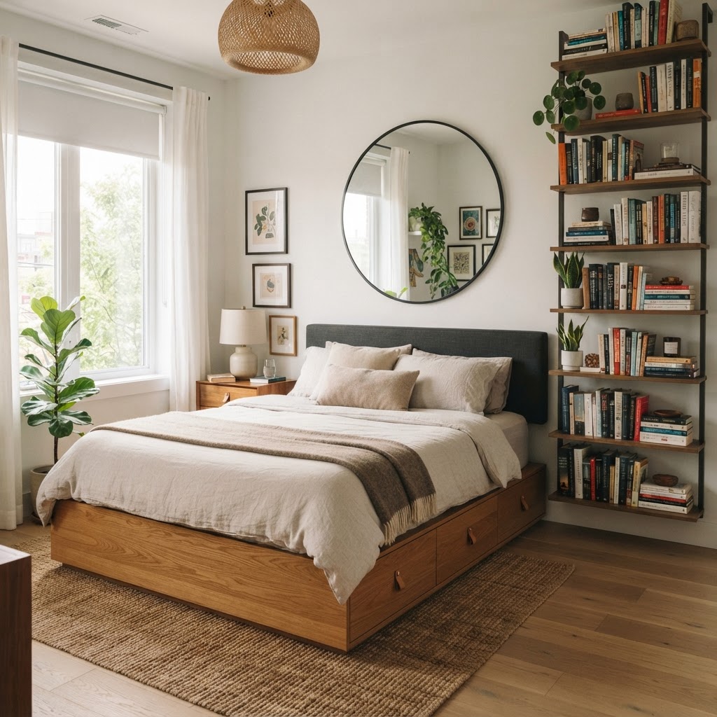 Built-in storage beneath the bed is a secret weapon for small rooms.