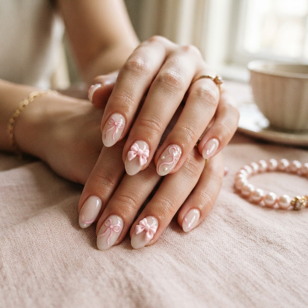 Coquette nail art featuring bows offers a sweet, feminine aesthetic.