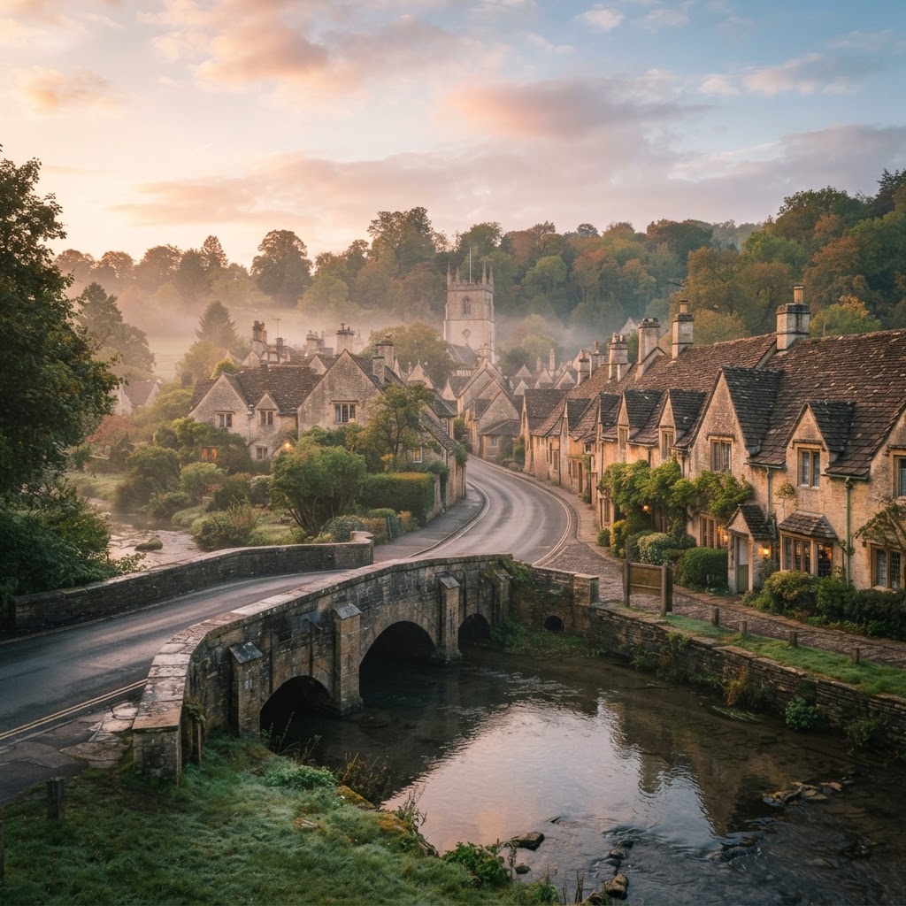 The iconic stone bridge and river view in Castle Combe.