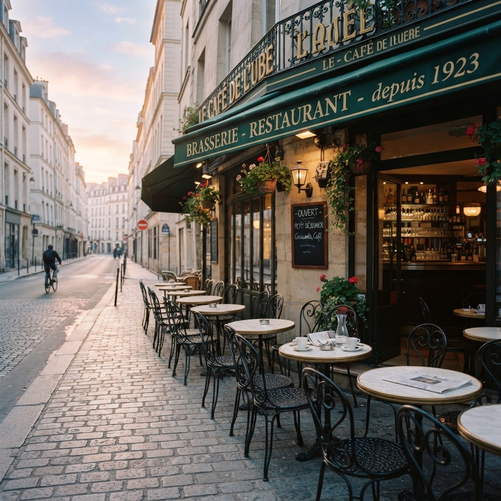 The quiet beauty of a Parisian street cafe at dawn.