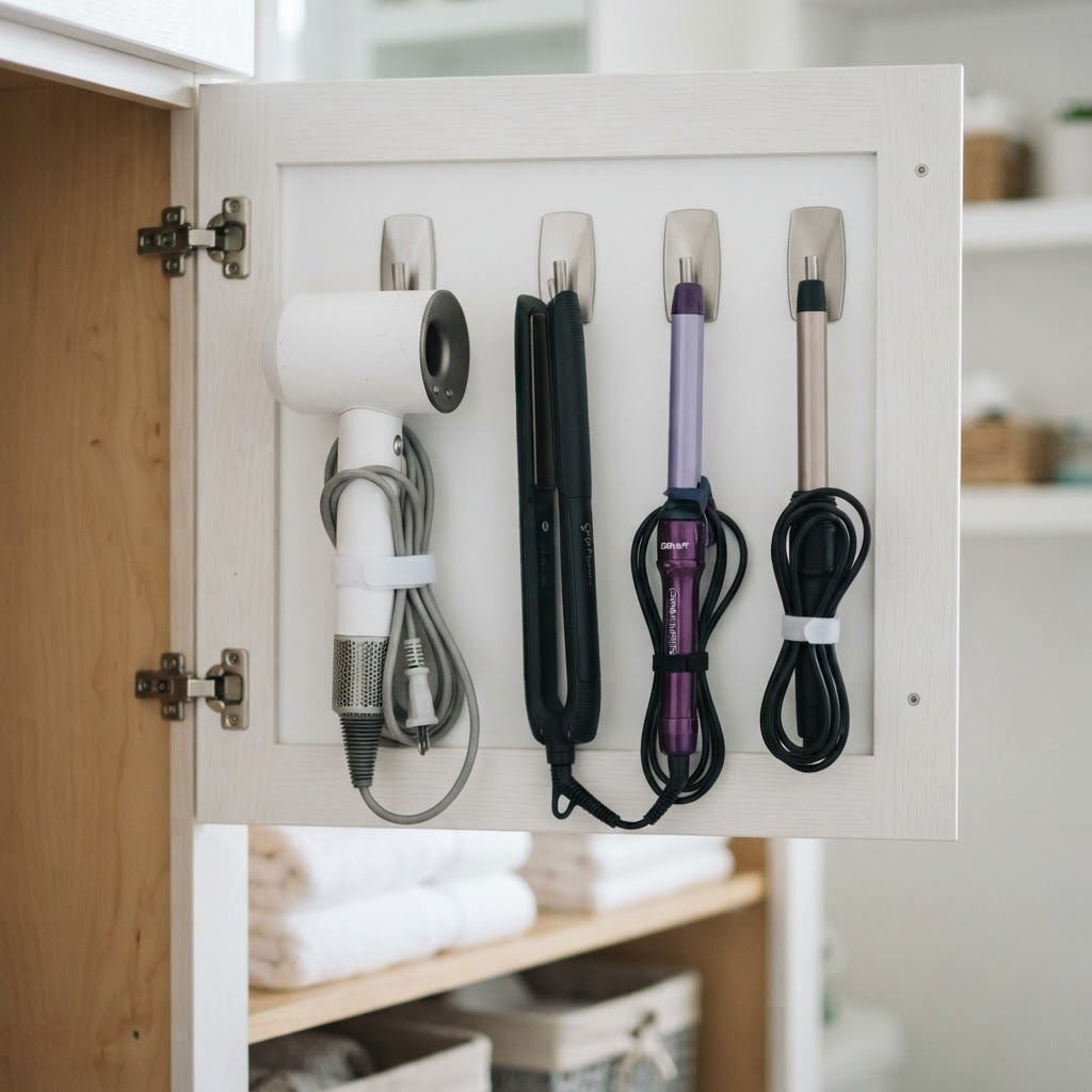 Install door-mounted hooks to maximize hidden cabinet space.