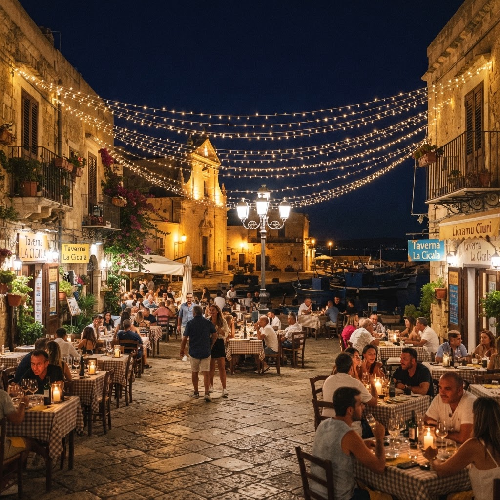 The enchanting, illuminated square of Marzamemi at night.