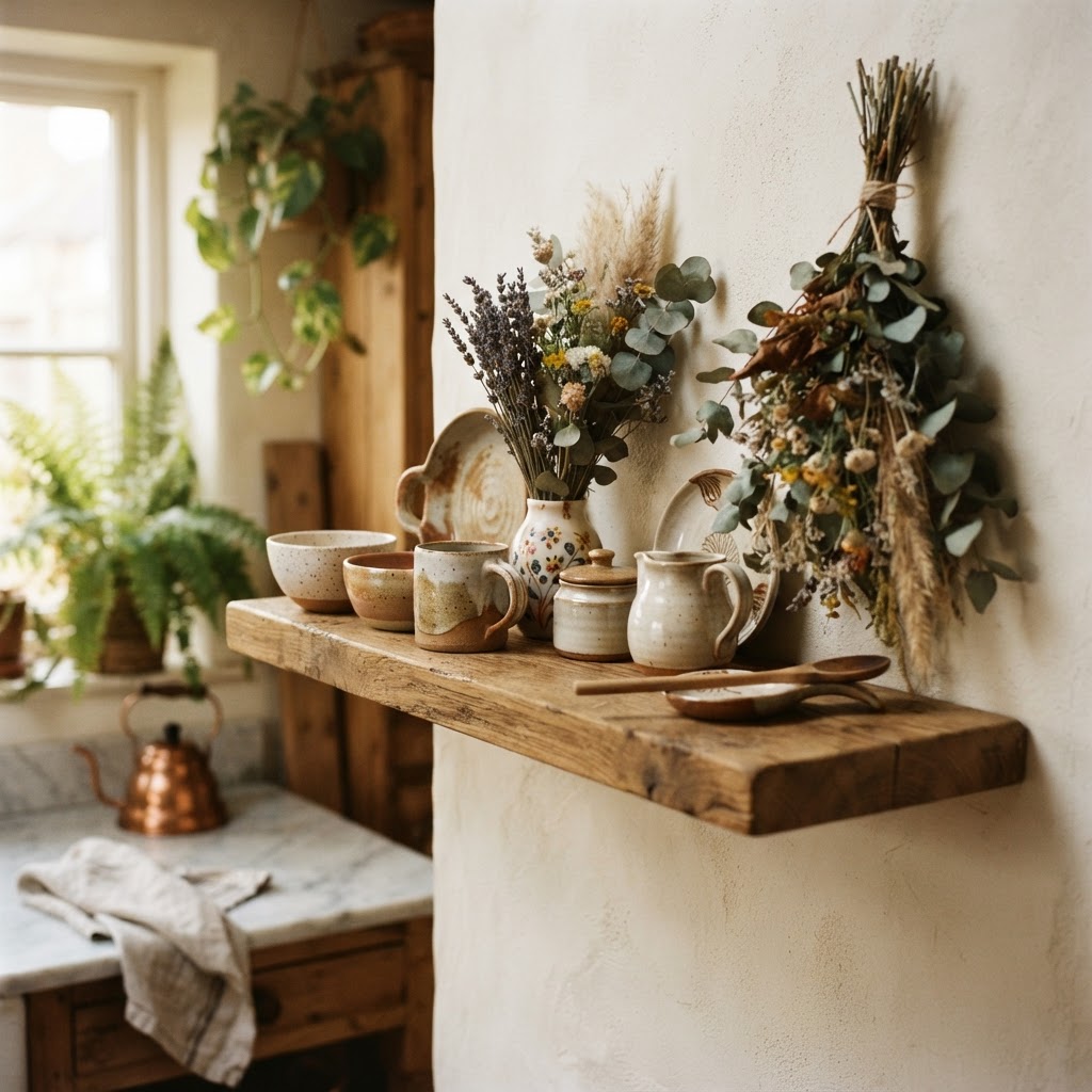 Curated, functional items turn everyday kitchenware into intentional decor.
