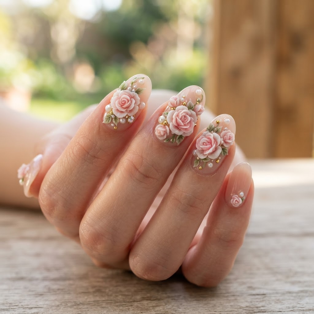 Intricate 3D floral details on artisan-crafted press-on nails.