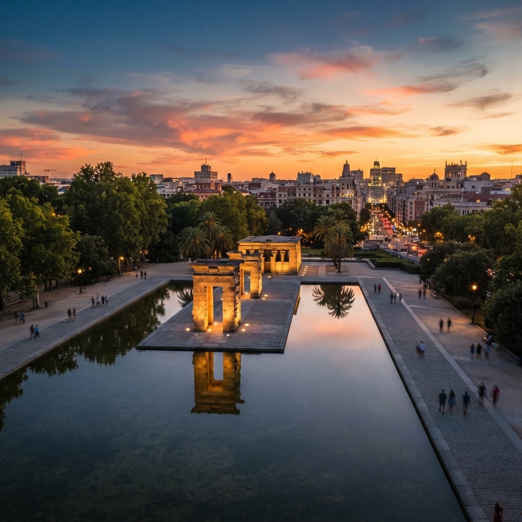 Reflections of the ancient Templo de Debod at dusk.