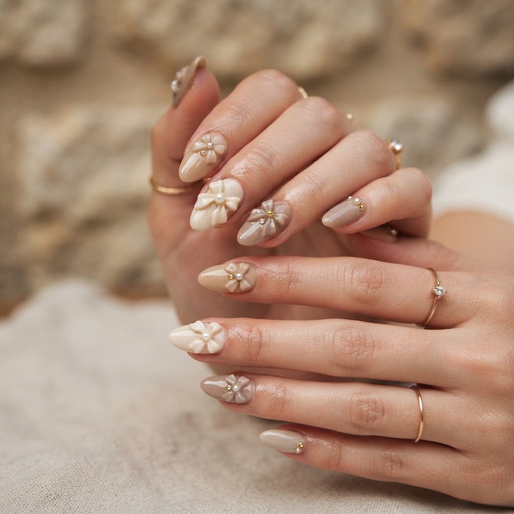 Chic almond nails with 3D bow embellishments for a romantic look.