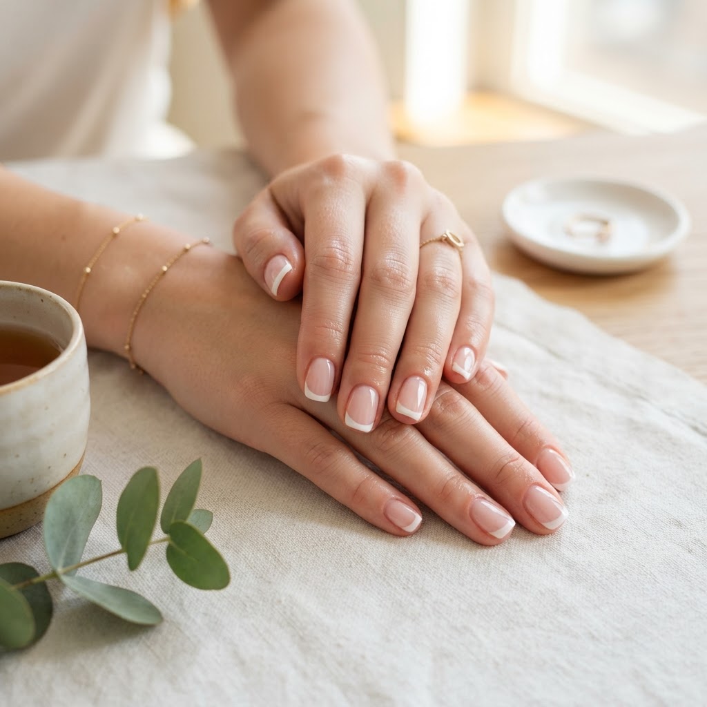Classic French tips on soft square nails remain a timeless trend.