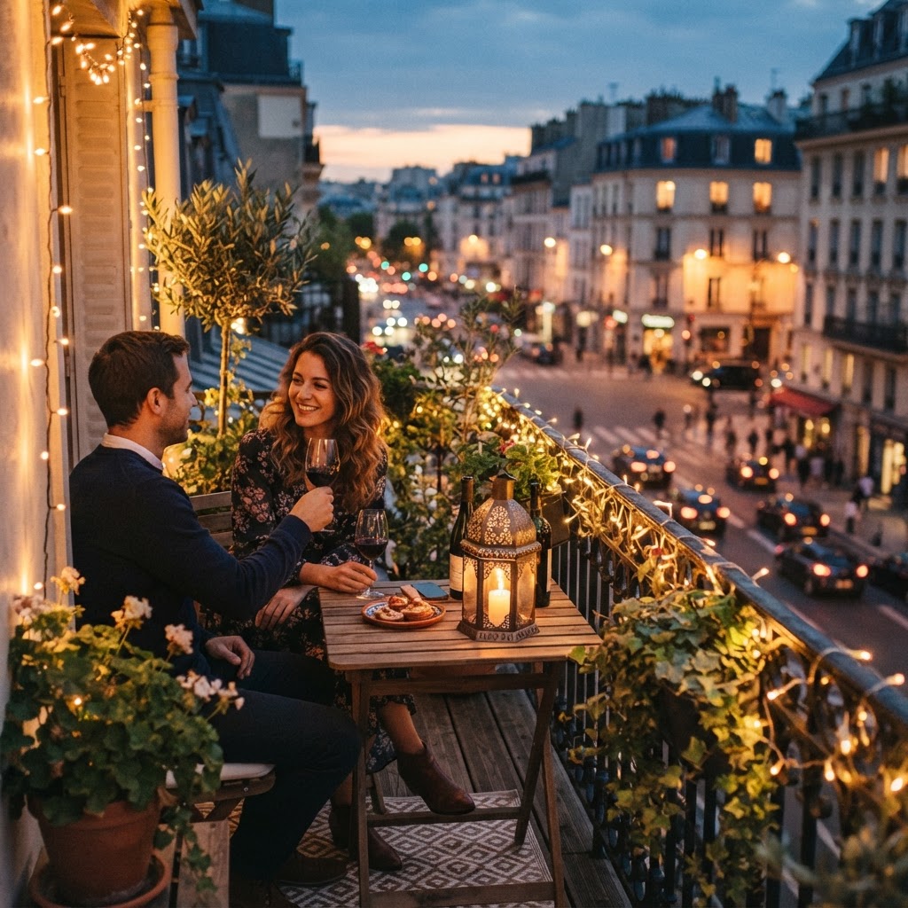 Warm, ambient lighting turns any balcony into a romantic nighttime oasis.