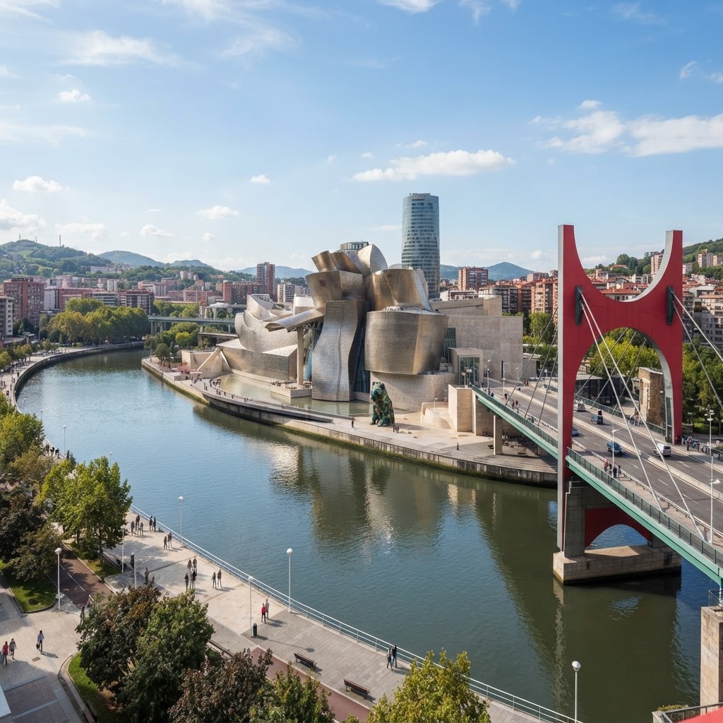 The striking, modern silhouette of the Guggenheim in Bilbao.