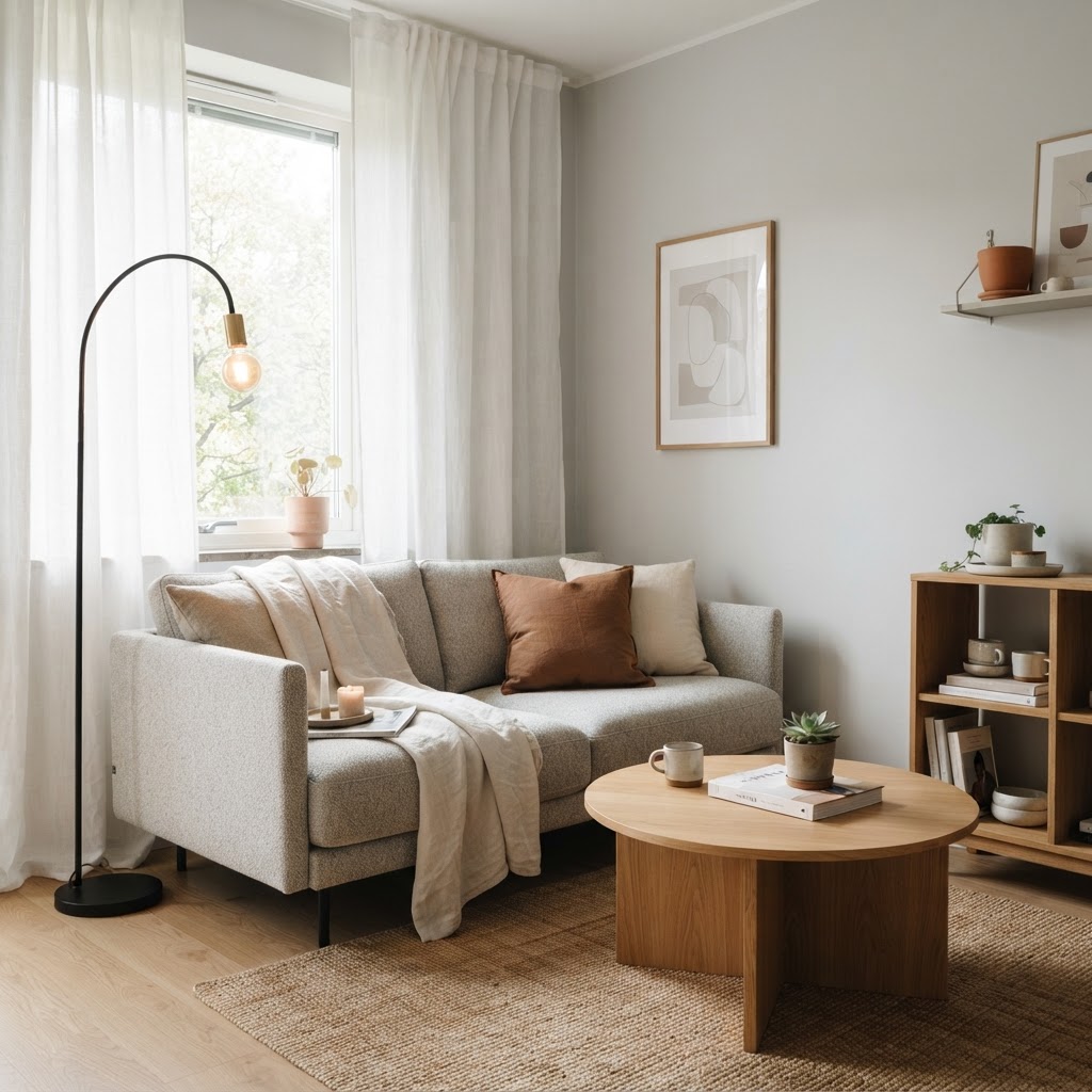 Maximize your living space with light colors and clever floor lamp placement.