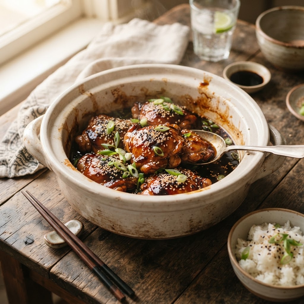 Tender and flavorful slow cooker chicken teriyaki thighs ready to serve.