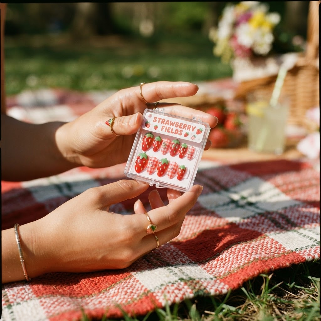 Strawberry-themed press-on nails perfect for a sunny day.
