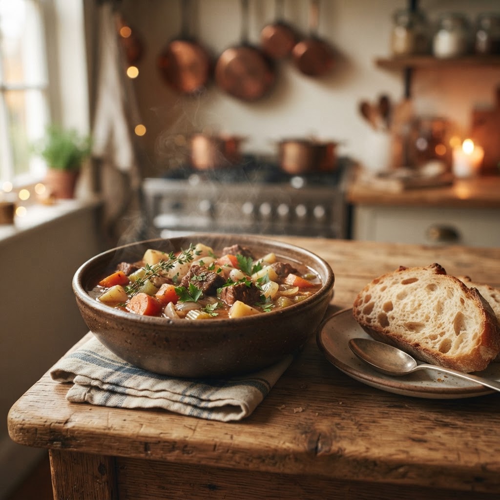 The perfect comfort food: a bowl of beef stew with carrots.