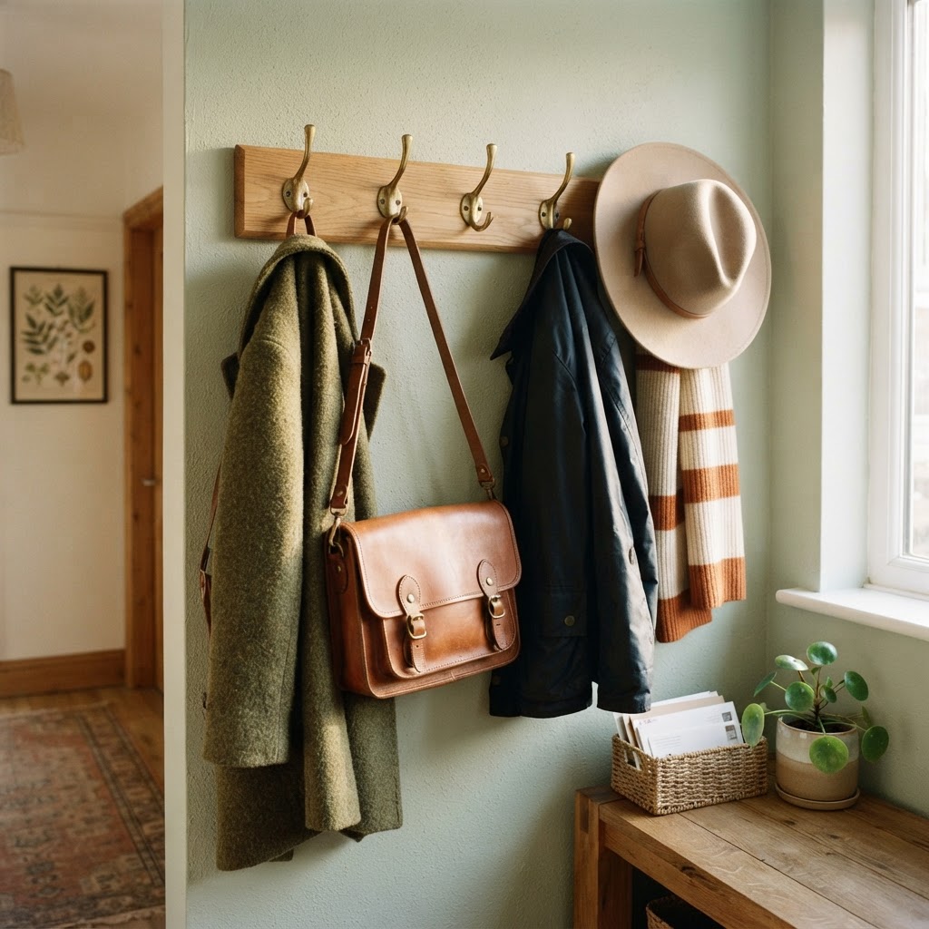 Brass hooks act as both functional storage and wall decor in tight hallways.