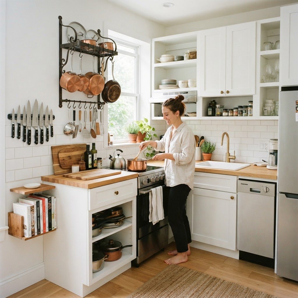 Maximize vertical space with wall-mounted storage solutions.