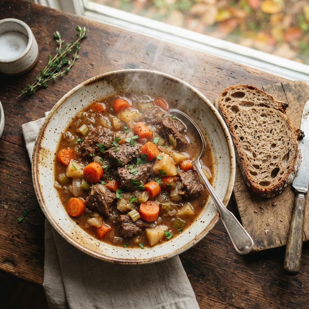 A bowl of slow cooker beef stew served with rustic bread.