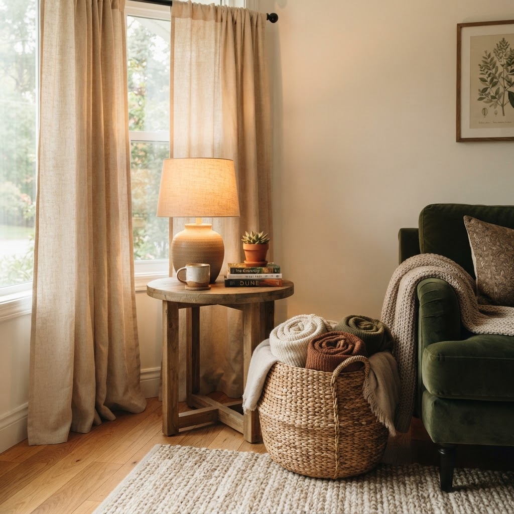 Layering curtains and using natural textures creates a high-end, cozy feel.