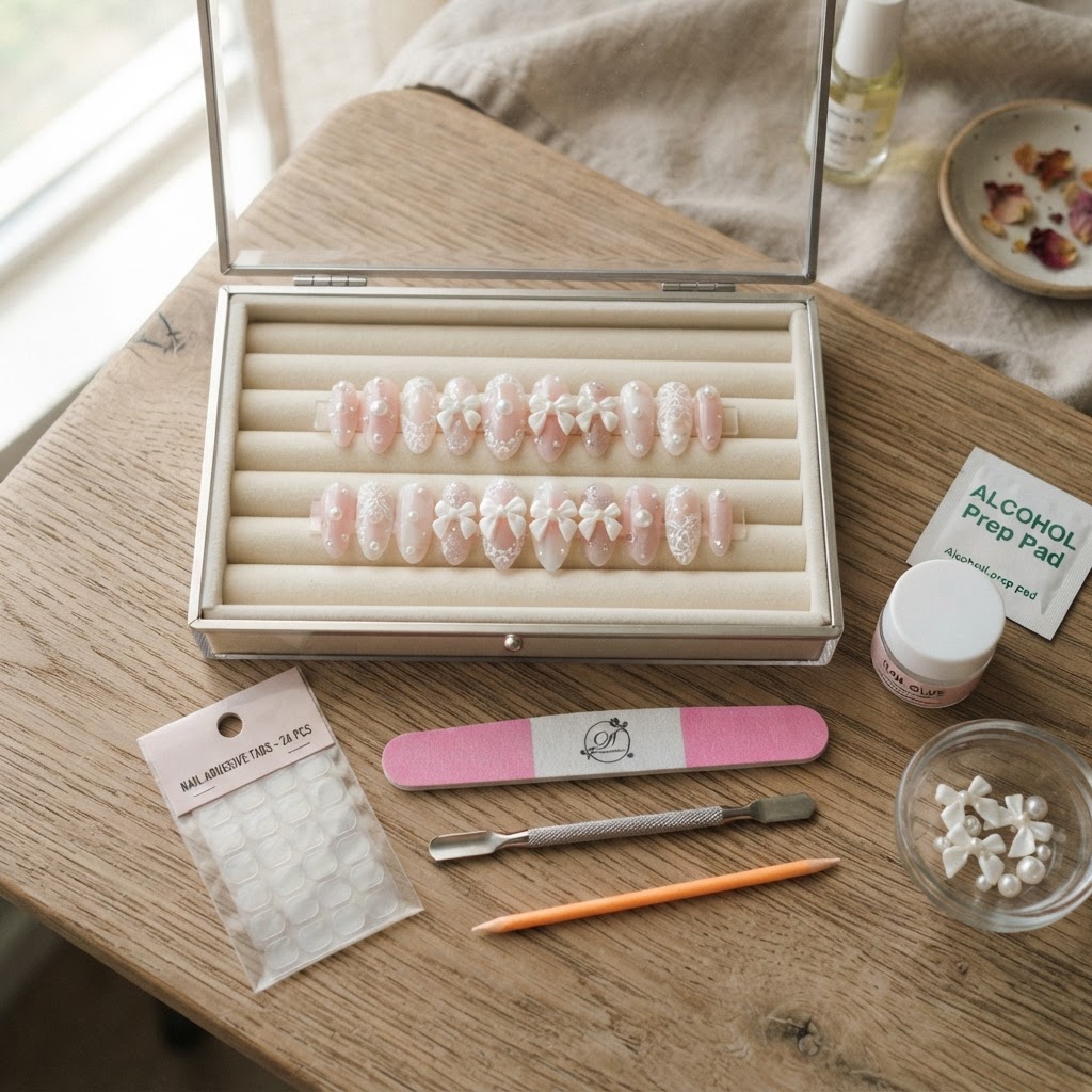 All the essential tools needed for a perfect at-home press-on manicure.