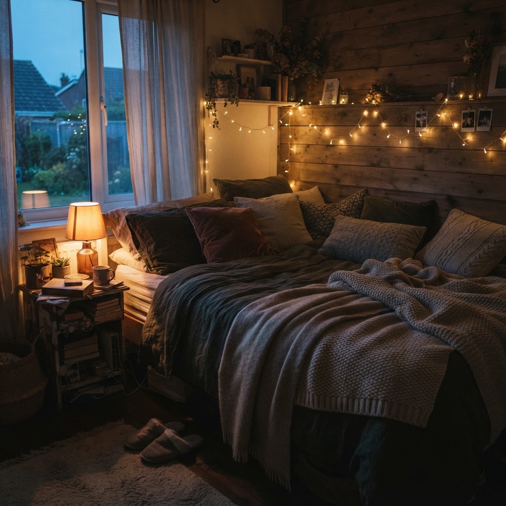 Layered lighting and soft fabrics work together to create a sanctuary-like bedroom.