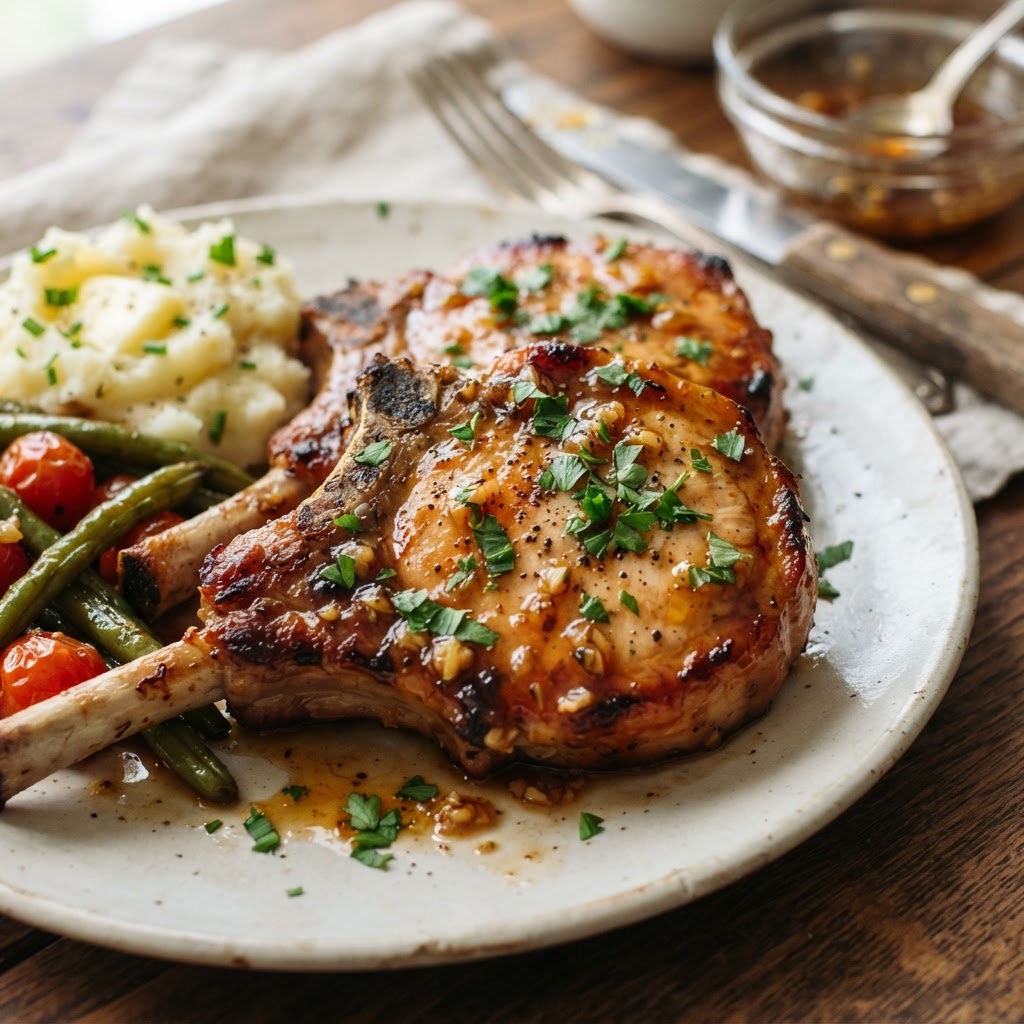 Honey garlic glazed pork chops, perfectly tender and juicy.