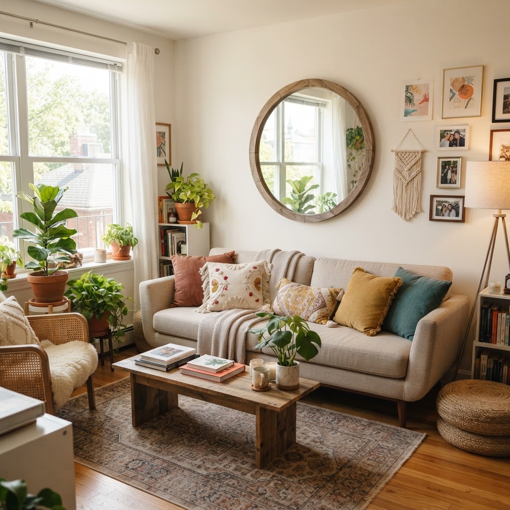 Using mirrors to brighten up a small rental living room.