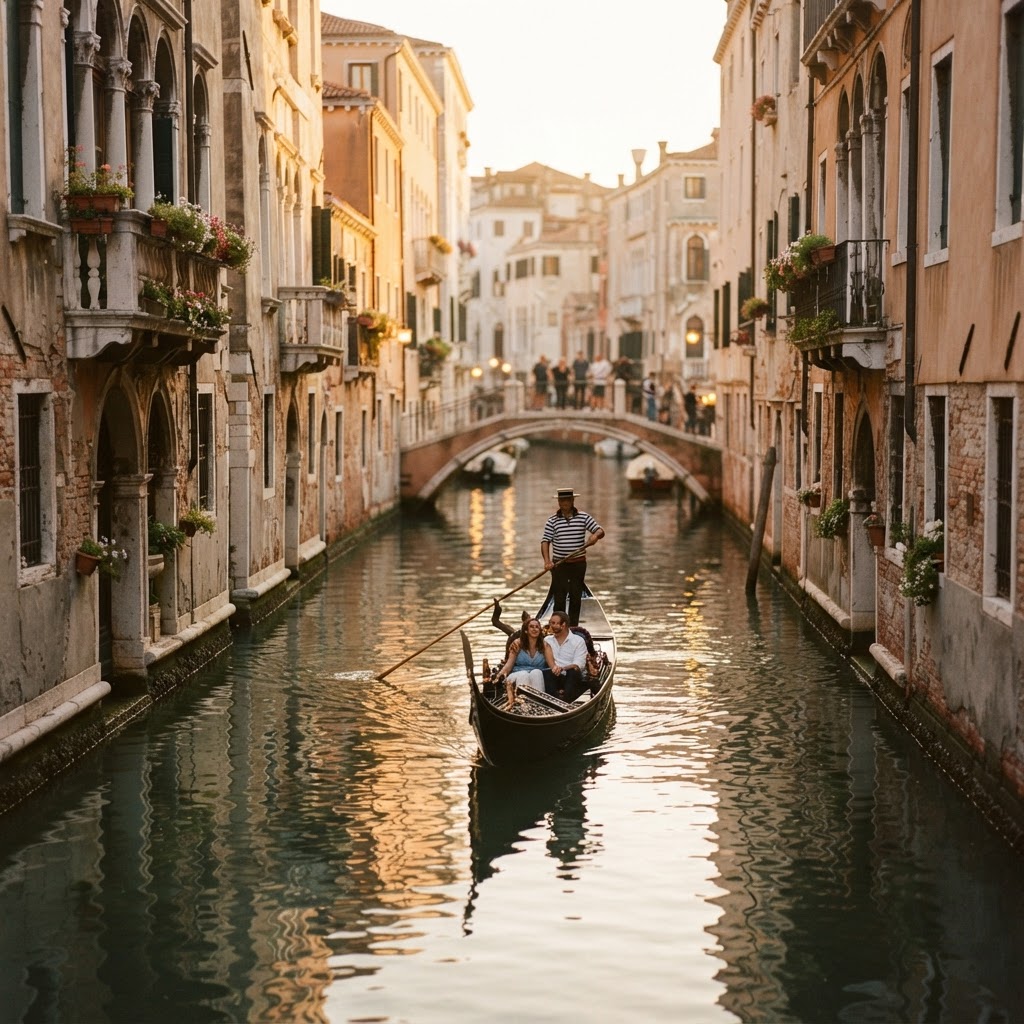 Golden hour creates the perfect atmosphere for a romantic gondola ride.