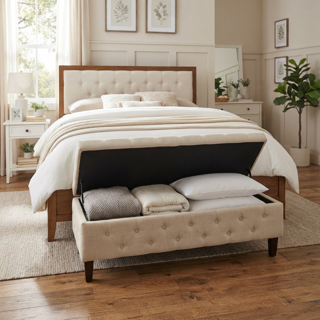 Utilize the space at the foot of your bed with a lift-top bench for seasonal linens.