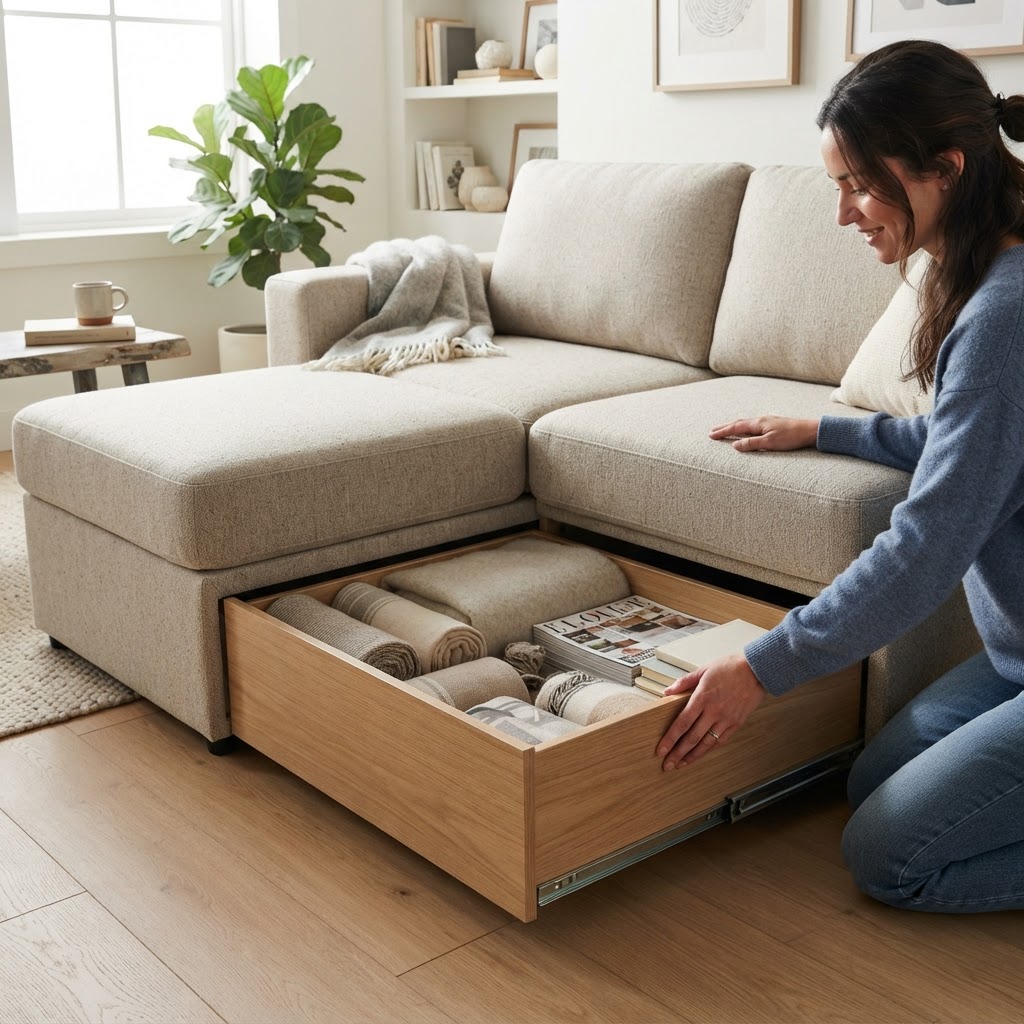 Sofa drawers provide clever, invisible storage for living essentials.