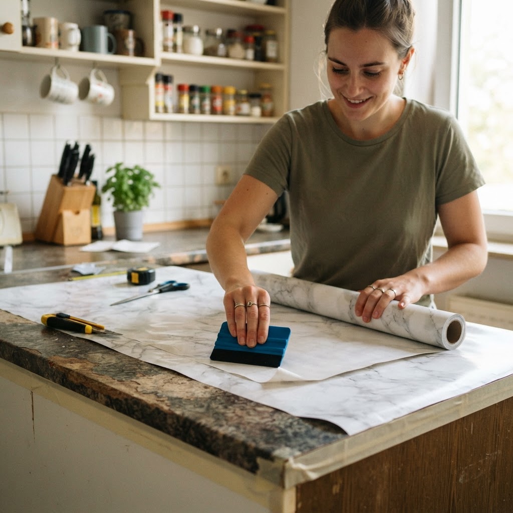Contact paper is the perfect temporary solution for dated kitchen counters.