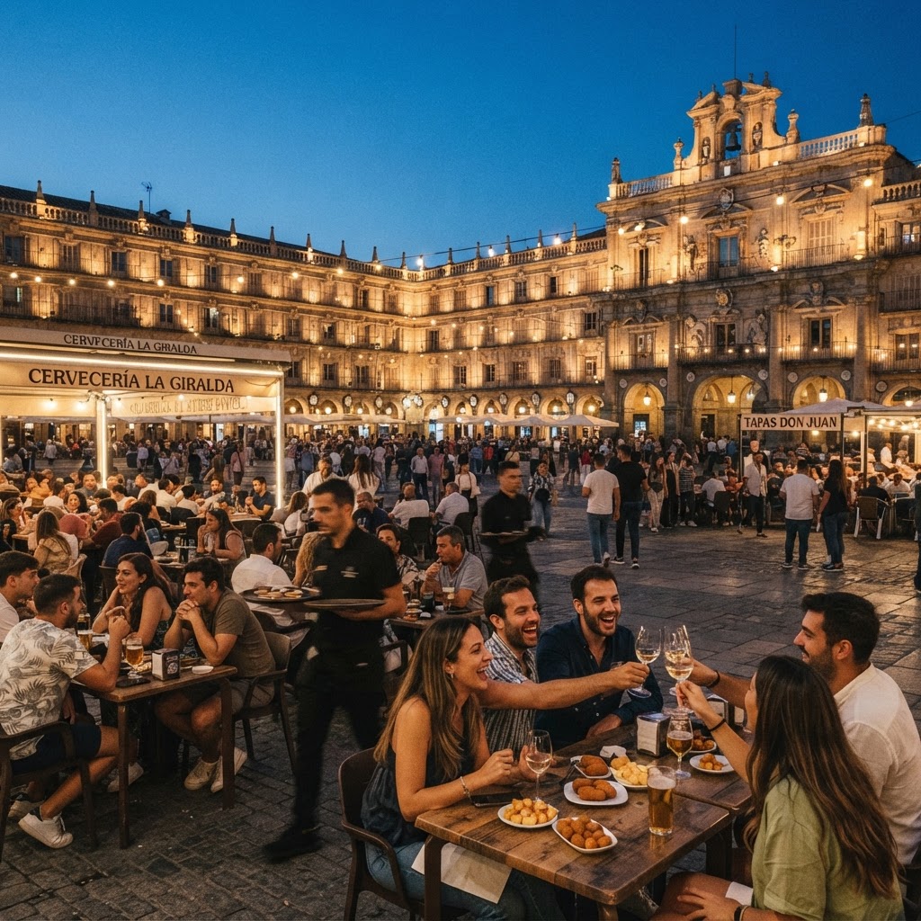 The lively evening atmosphere as the plaza fills with locals for tapas.