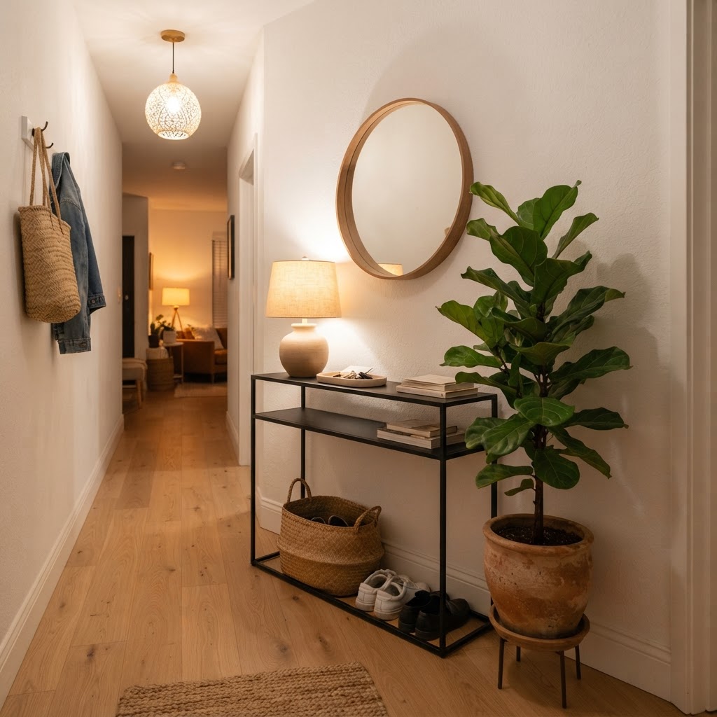Multifunctional furniture is key for maximizing space in small hallways.