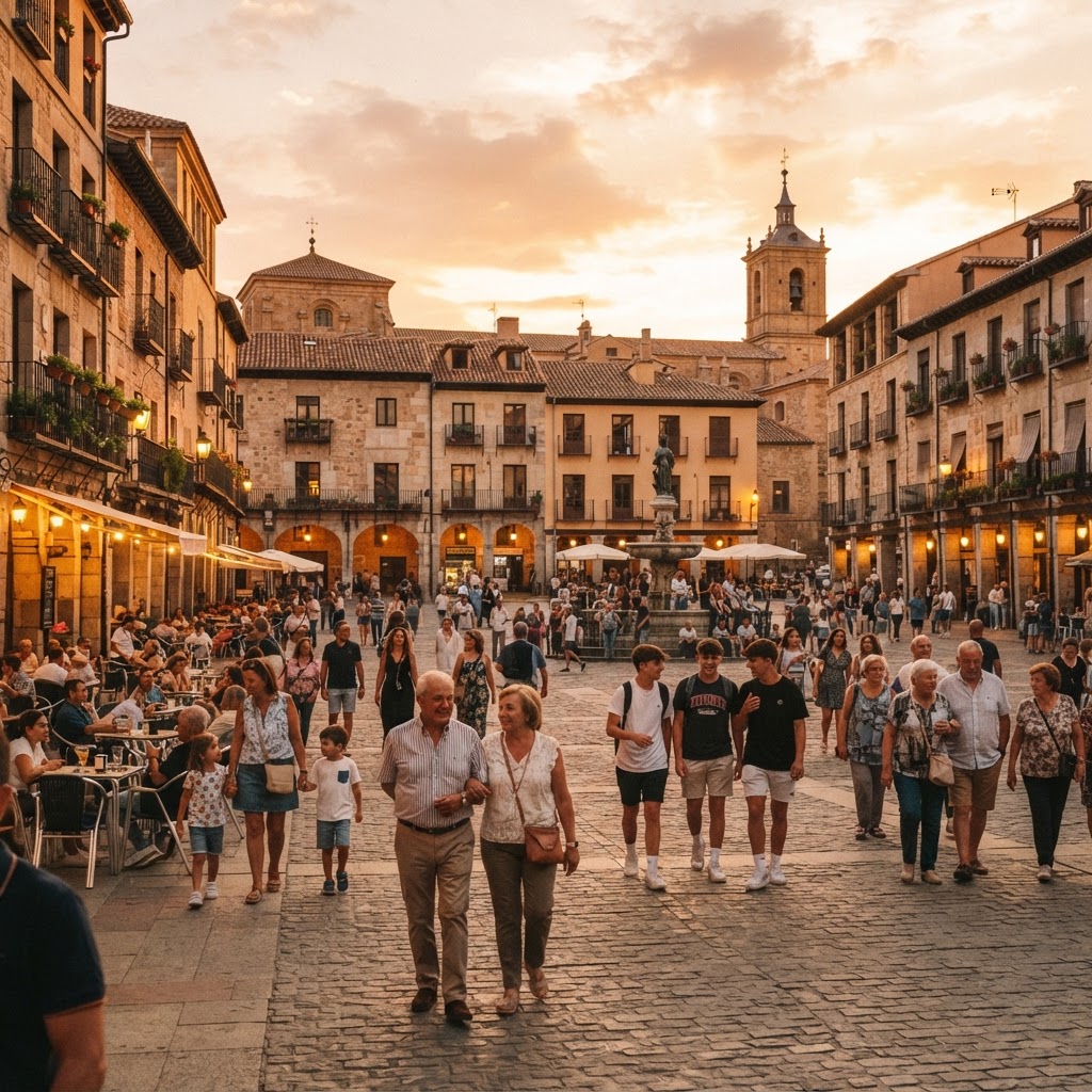 The golden hour provides the perfect backdrop for the traditional Spanish paseo.