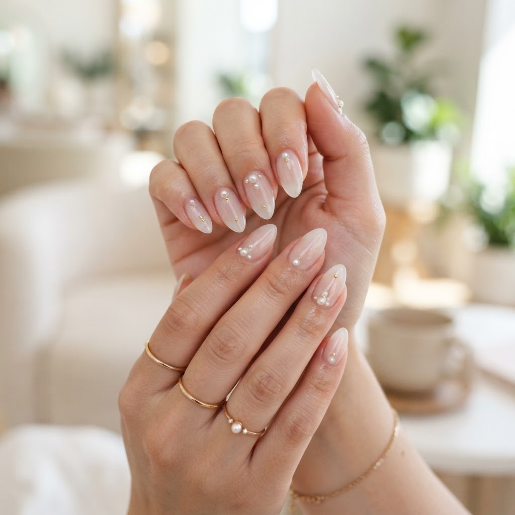 Clean and sophisticated nude nails with 3D pearl detailing.