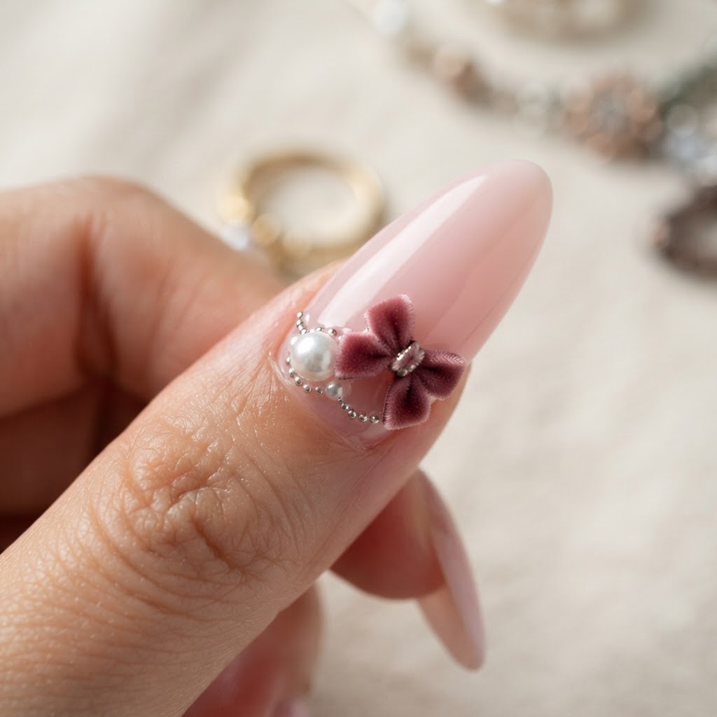 Delicate pink press-on nail with a single pearl and bow charm.