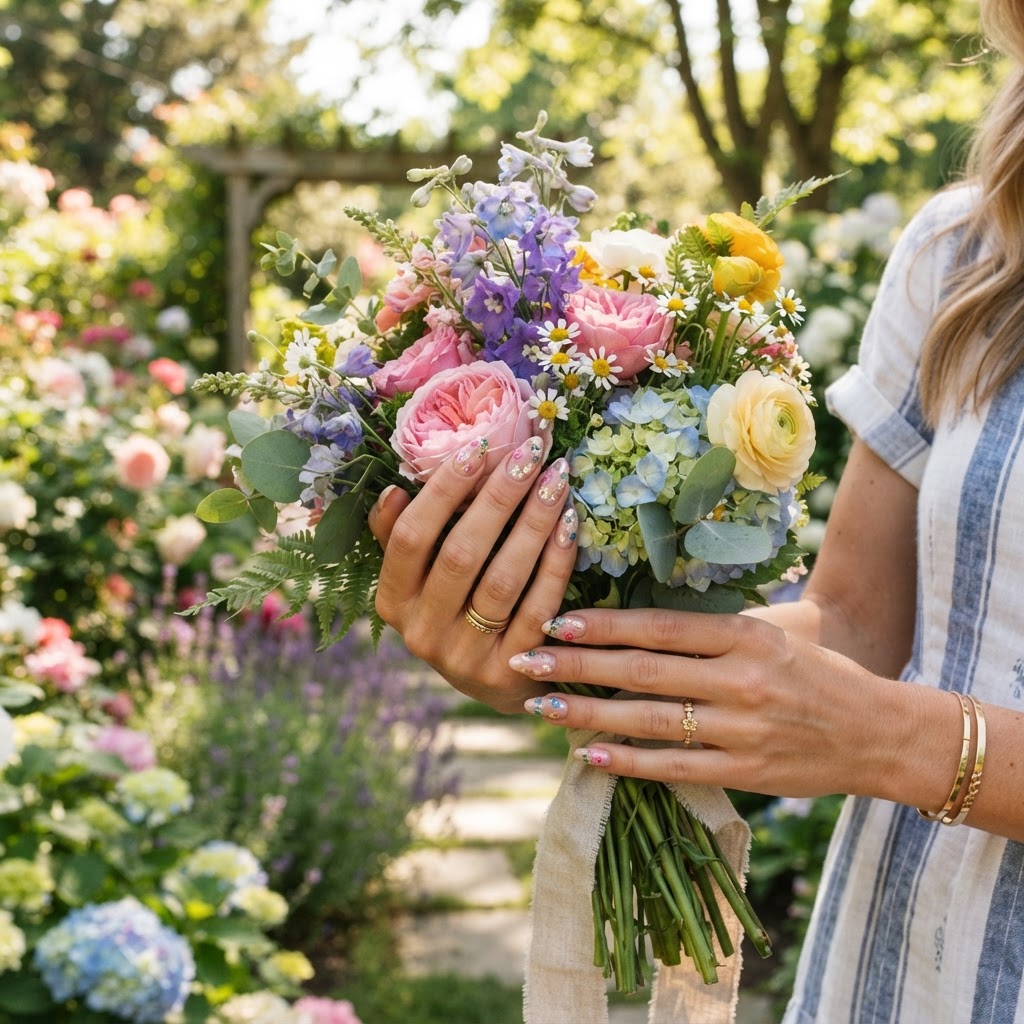 Floral almond press-on nails perfectly paired with a fresh spring bouquet.