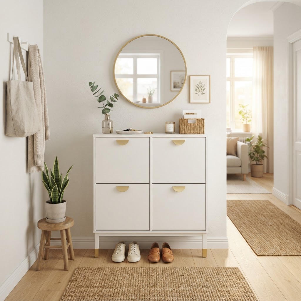 A slim shoe cabinet maximizes narrow hallway space.