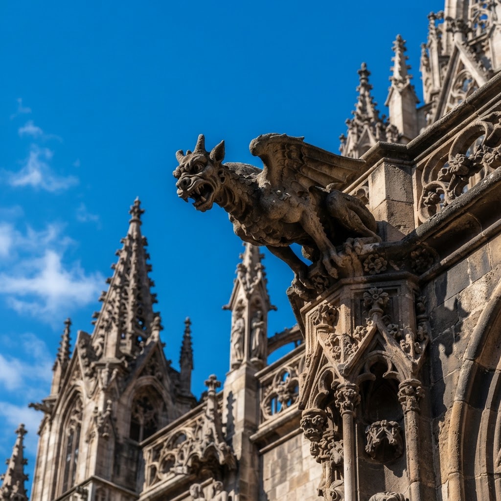 Intricate gargoyles watch over the city from the towering Gothic Cathedral.